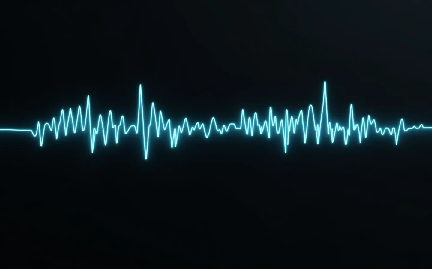 A single thin spectral-cyan waveform trace showing a brief impulse settling into a low rhythmic pulse, on a deep graphite ground with generous negative space